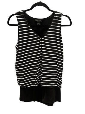 White House Black Market Black & White Striped V-Neck Layered Tank
